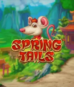 An enchanting illustration of a white rat wearing a red traditional Chinese outfit positioned in front of a vibrant mountain backdrop. The image promotes the Spring Tails game by Betsoft, showcased with prominent red and gold logo lettering.