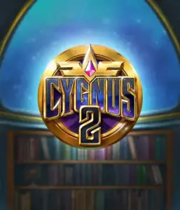 Explore the captivating artwork of Cygnus 2 Slot by ELK Studios, featuring a spectacular emblem with a vibrant purple and gold design. Set against a celestial library backdrop, this image captures the theme of adventure and mystery. 